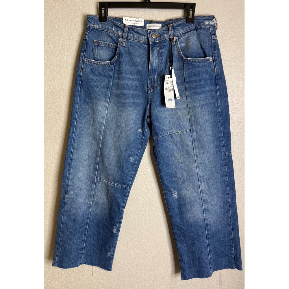 Zara Size 8 The Patch Culotte Jeans Blue High Rise Wide Leg Cropped Raw Hem NEW
